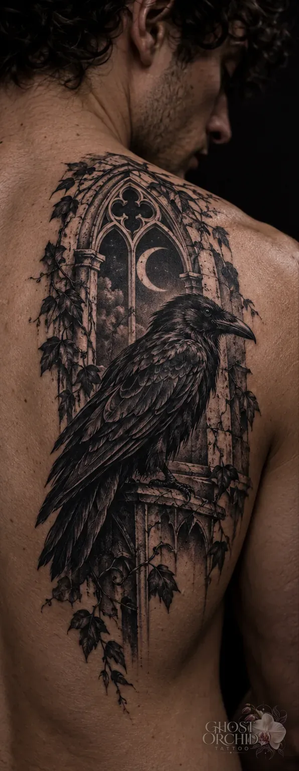 Dark illustrative back piece: a raven perched in a gothic arched window beneath a crescent moon, framed by trailing ivy