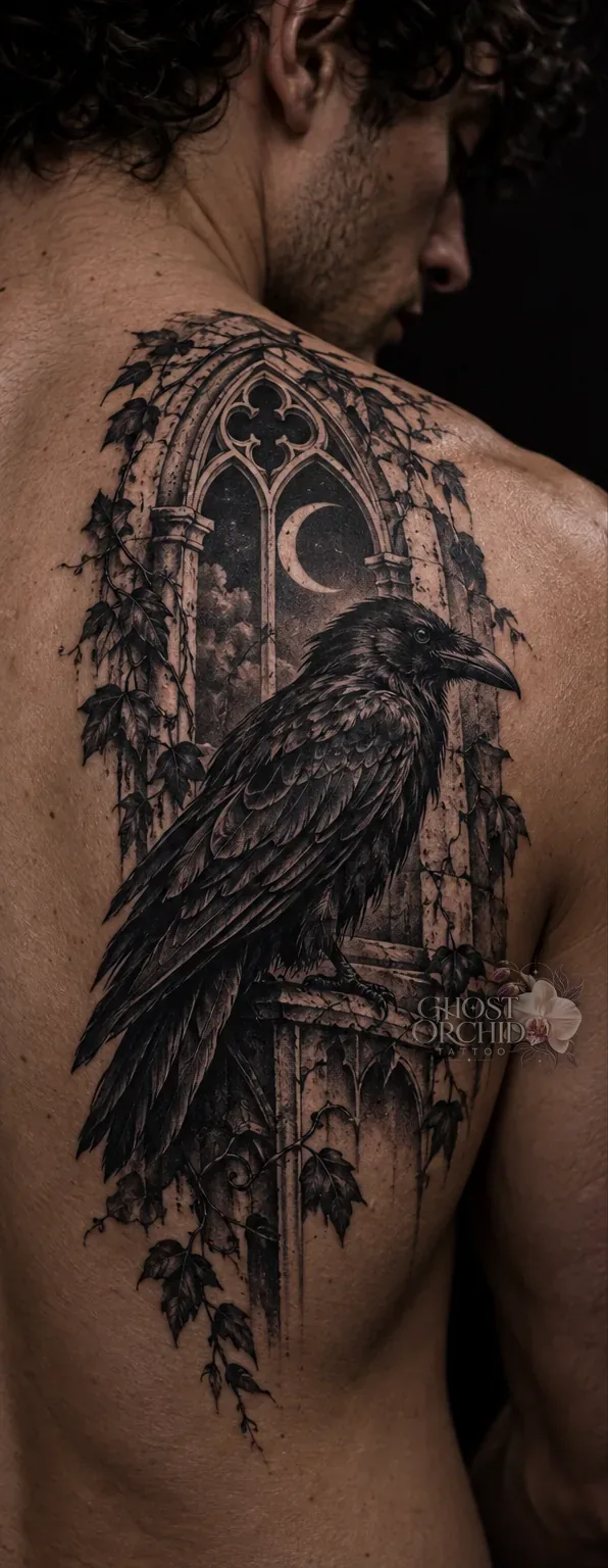Dark illustrative back piece: a raven perched in a gothic arched window beneath a crescent moon, framed by trailing ivy