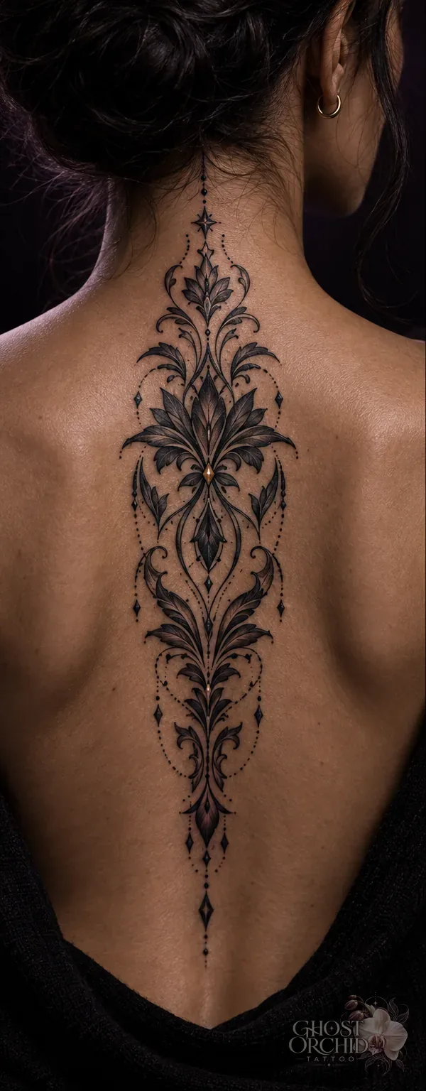 Ornamental spine tattoo, symmetrical filigree and lotus motifs running from the nape to mid-back with fine dotwork and a small amber gem