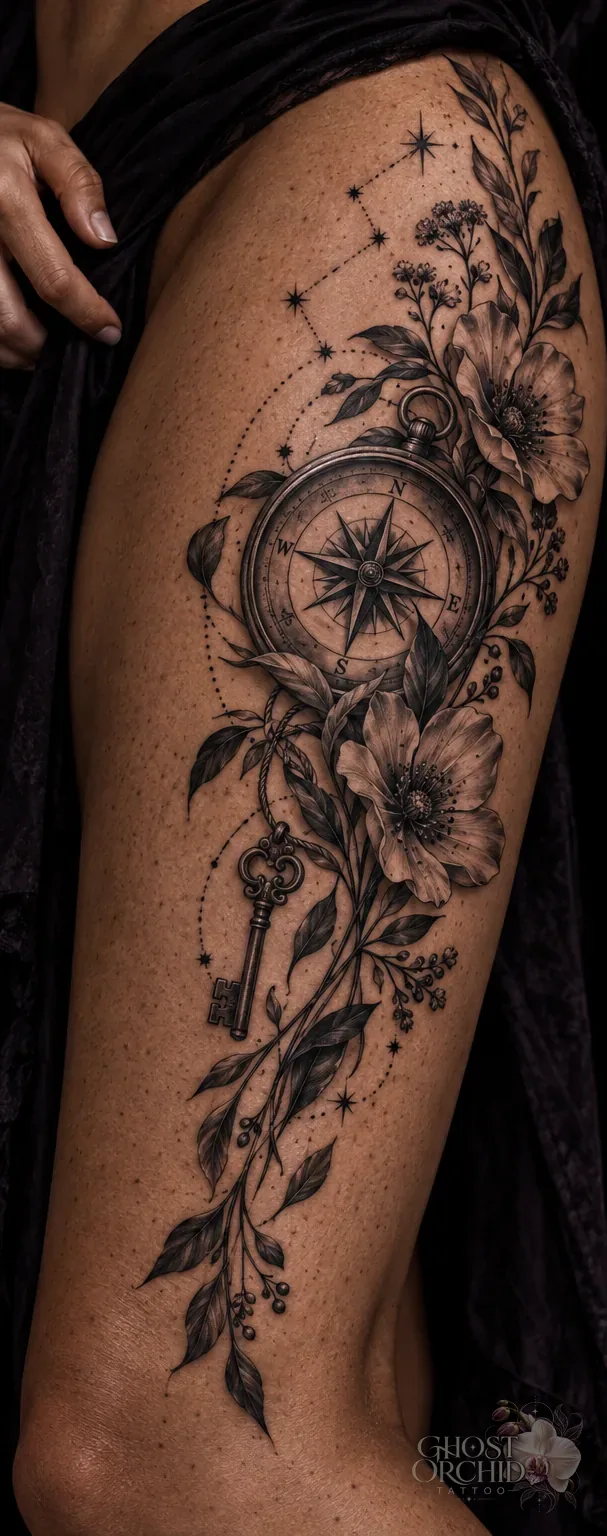 Custom storytelling thigh piece: an antique compass and ornate key wound through wildflowers and trailing leaves, with constellation dotwork
