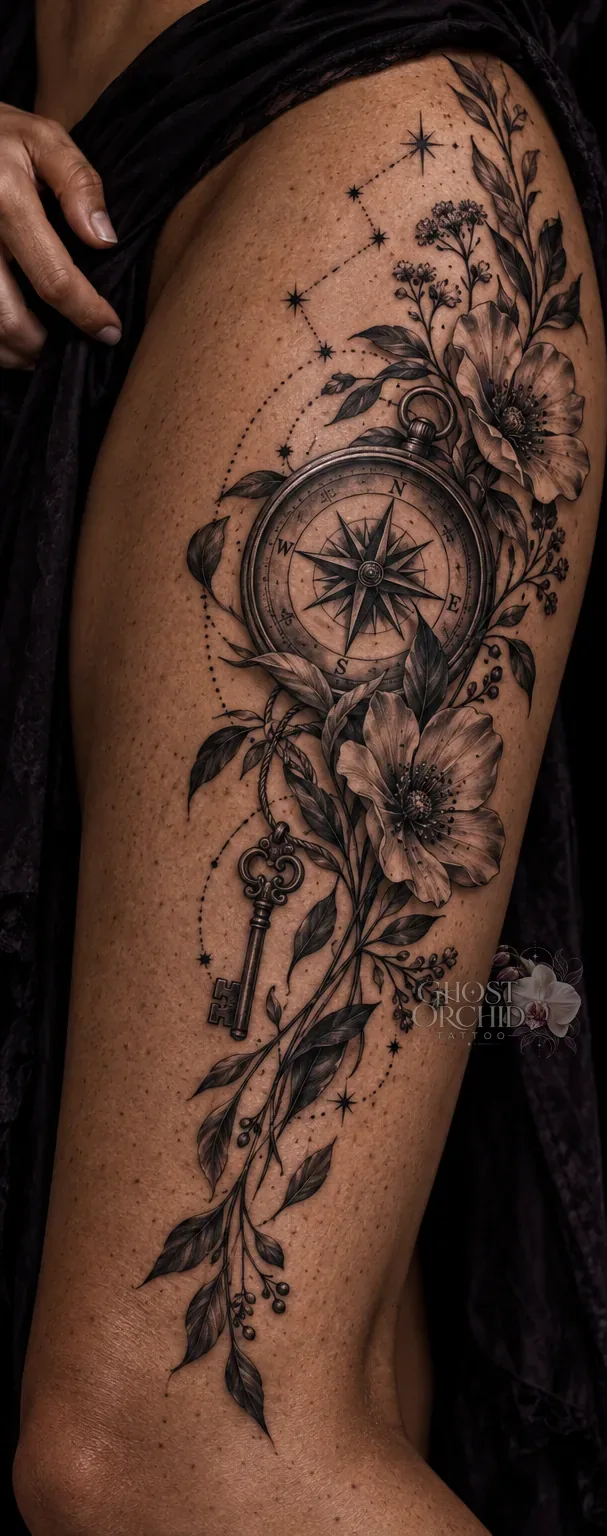 Custom storytelling thigh piece: an antique compass and ornate key wound through wildflowers and trailing leaves, with constellation dotwork