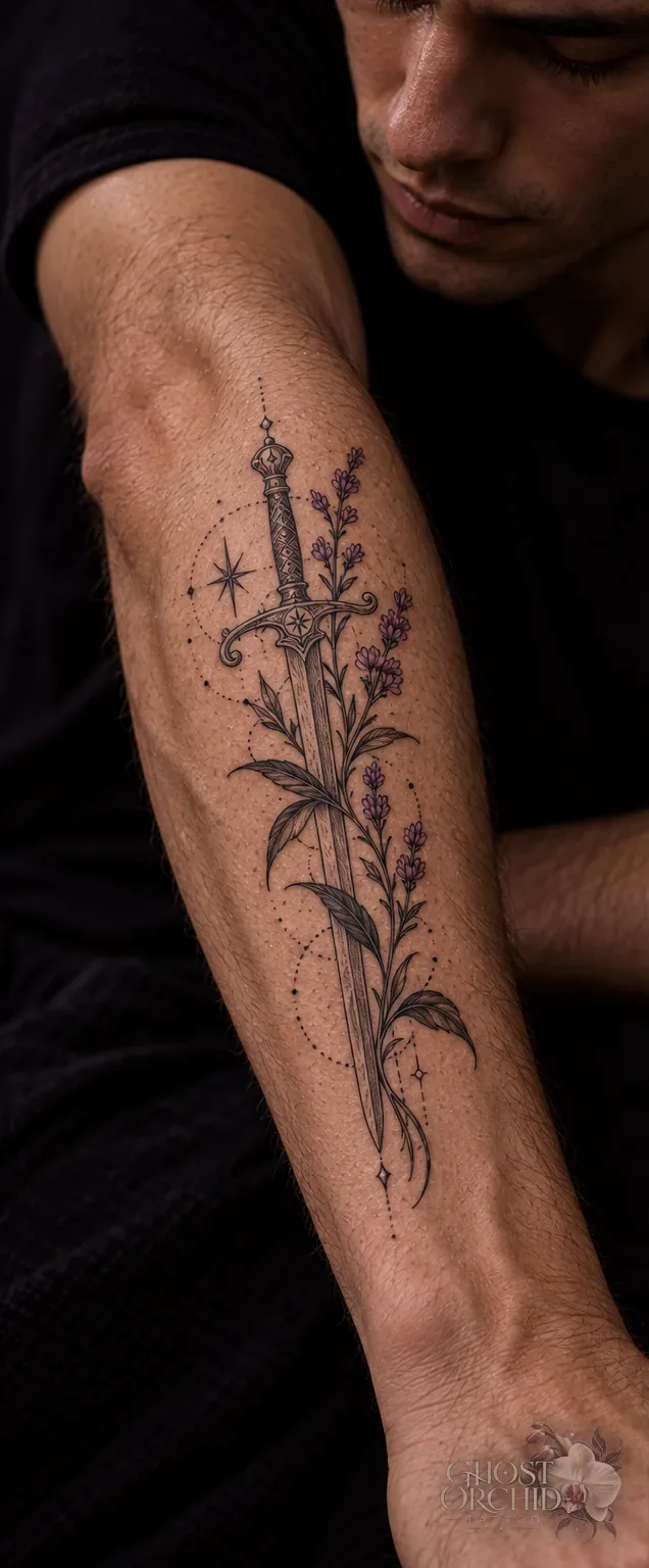 Fine line forearm tattoo of a downward-pointing dagger wound with lavender sprigs and long leaves, with small stars and a trailing arc of dotwork