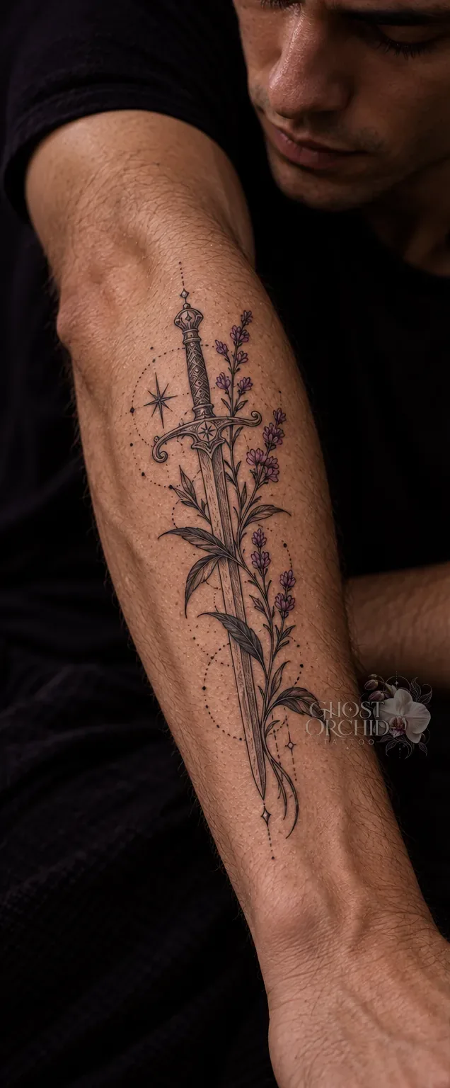 Fine line forearm tattoo of a downward-pointing dagger wound with lavender sprigs and long leaves, with small stars and a trailing arc of dotwork