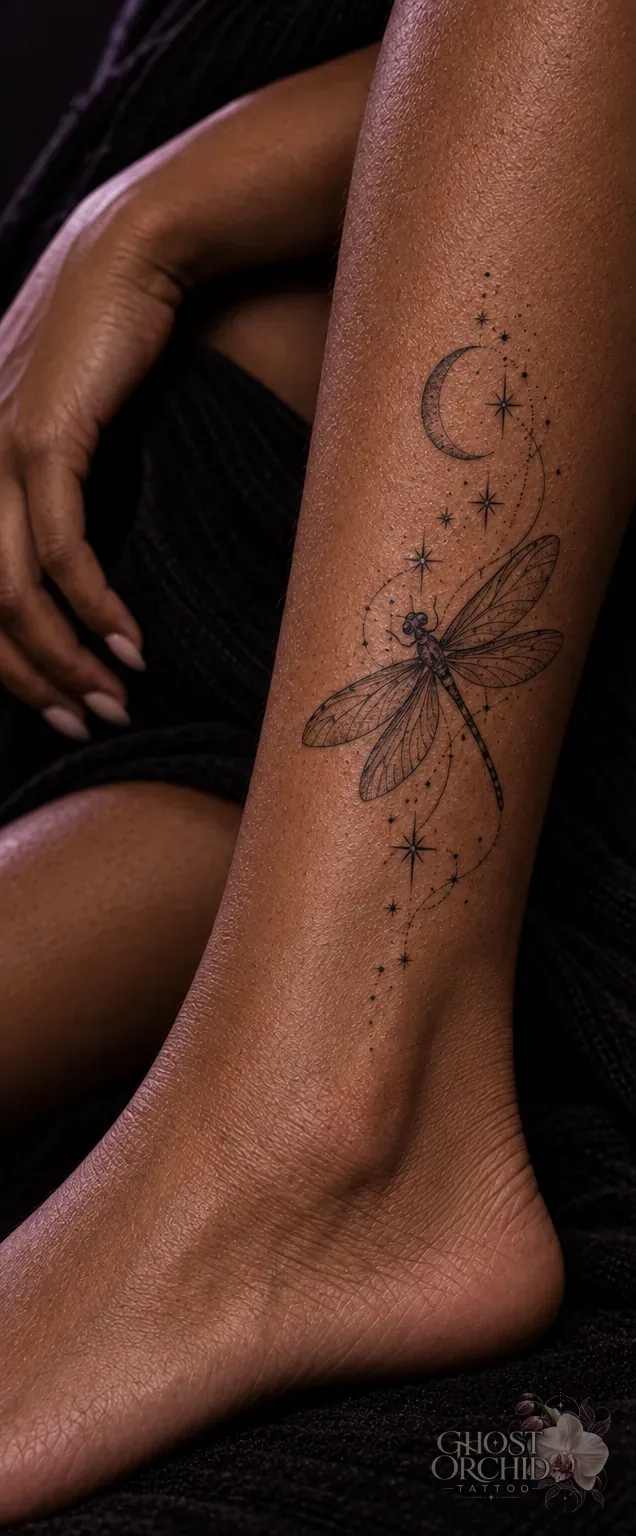 Fine line dragonfly tattoo on the shin above the ankle, beneath a crescent moon with scattered stars and fine dotted trails