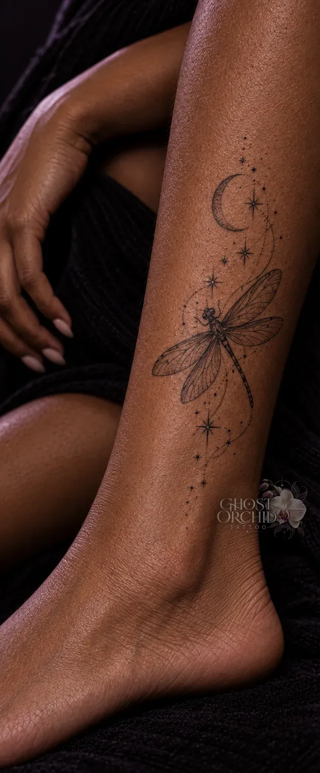 Fine line dragonfly tattoo on the shin above the ankle, beneath a crescent moon with scattered stars and fine dotted trails