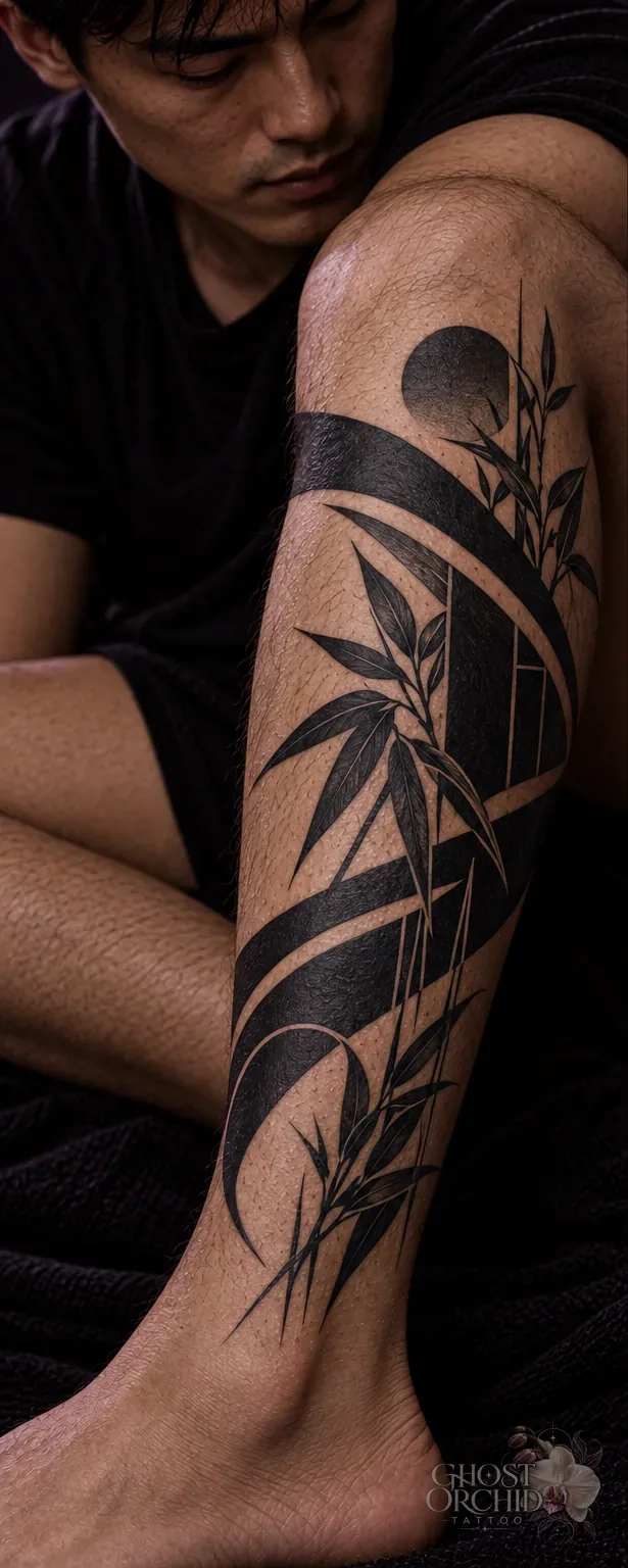 Blackwork calf tattoo of bamboo stalks and leaves cut across bold black bands and a solid filled circle, shaped in negative space