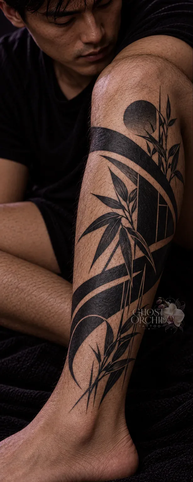 Blackwork calf tattoo of bamboo stalks and leaves cut across bold black bands and a solid filled circle, shaped in negative space