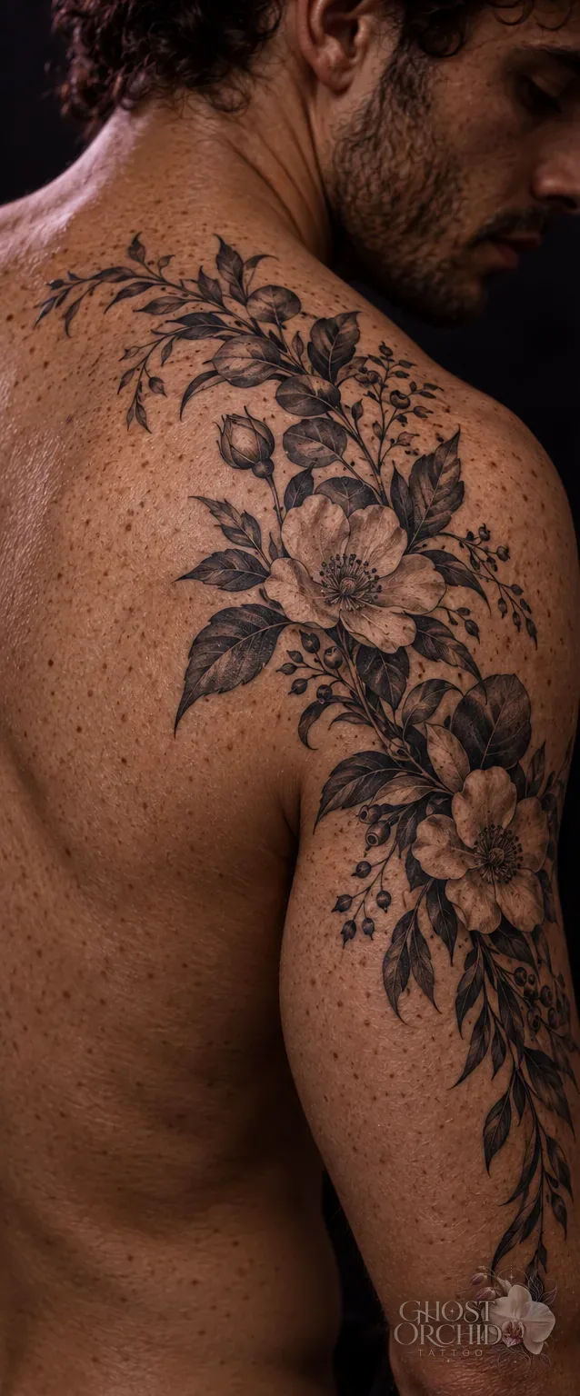 Botanical shoulder piece: wild roses, buds and leaves in fine stippled shading, curving over the shoulder blade onto the upper back