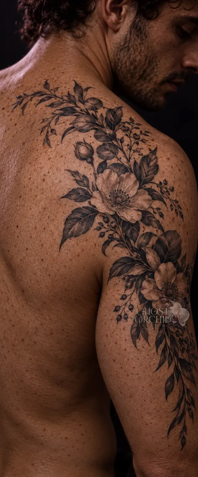 Botanical shoulder piece: wild roses, buds and leaves in fine stippled shading, curving over the shoulder blade onto the upper back