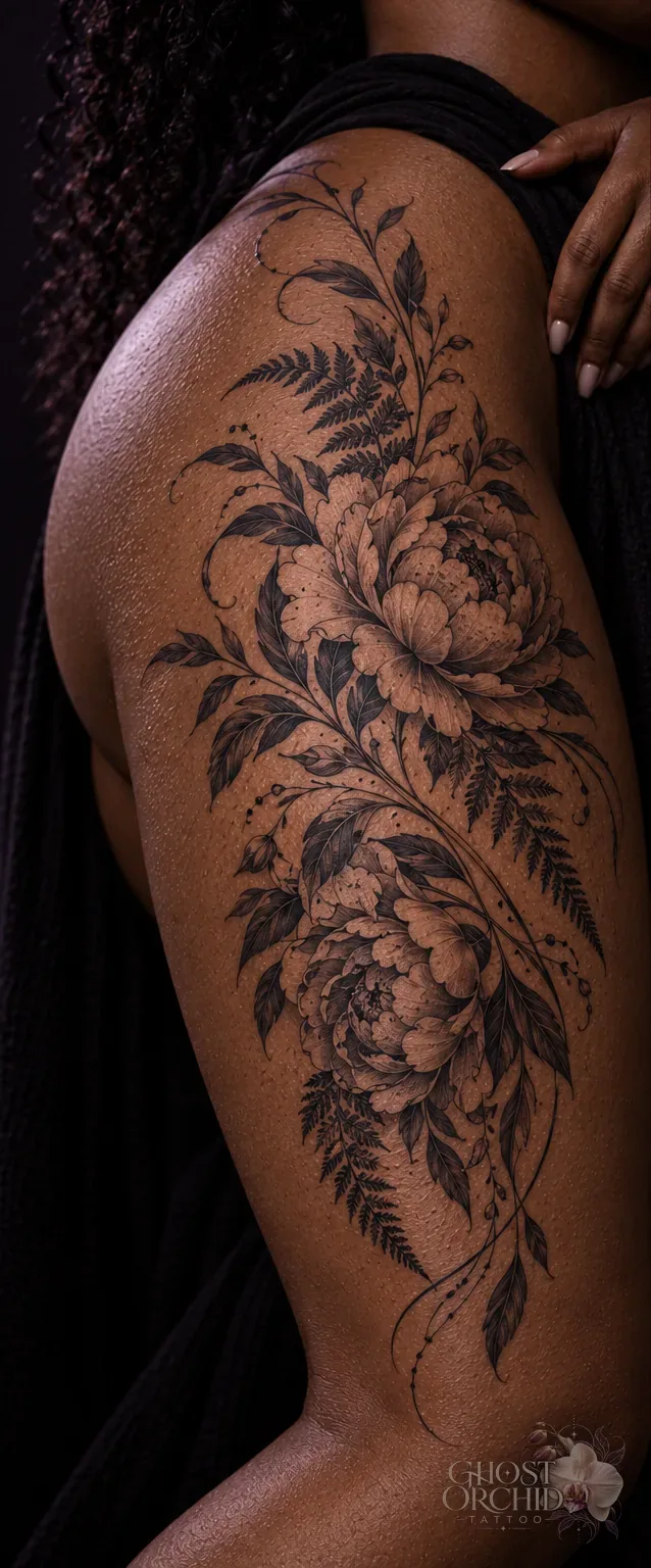 Botanical hip and thigh piece: full peony blooms among fern fronds and trailing leaves, shaded in fine black linework