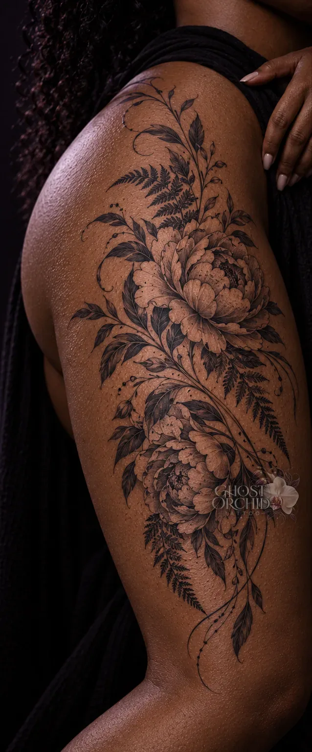 Botanical hip and thigh piece: full peony blooms among fern fronds and trailing leaves, shaded in fine black linework