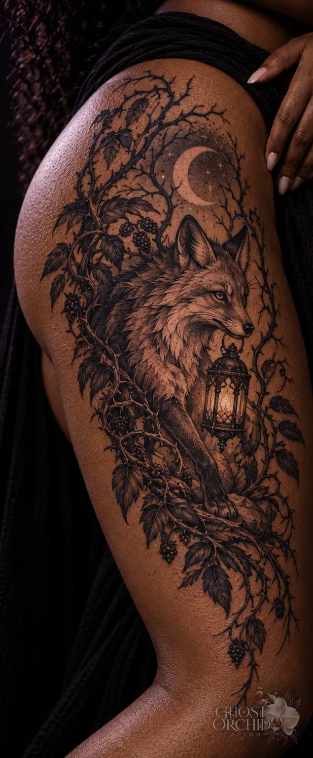 Dark illustrative hip and thigh piece: a fox holding a lit lantern among bramble branches and blackberries, beneath a crescent moon