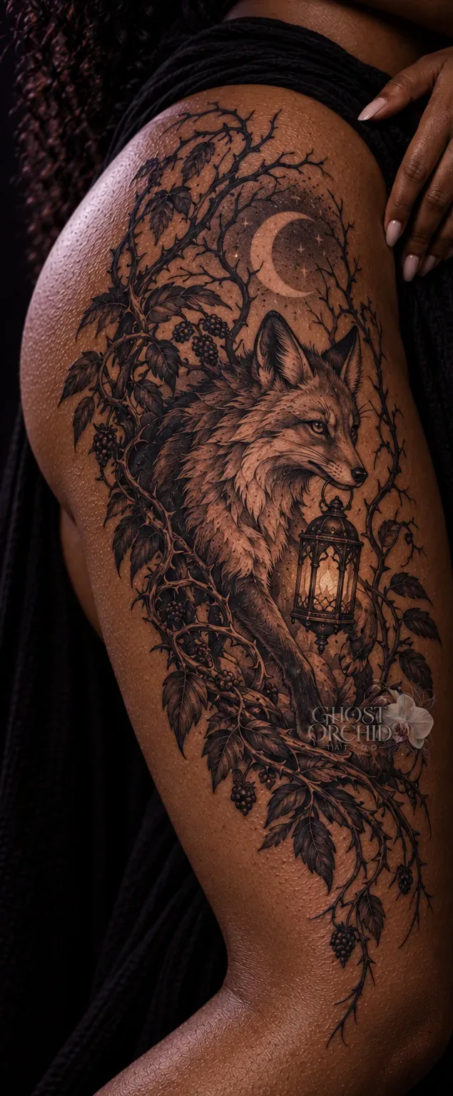Dark illustrative hip and thigh piece: a fox holding a lit lantern among bramble branches and blackberries, beneath a crescent moon