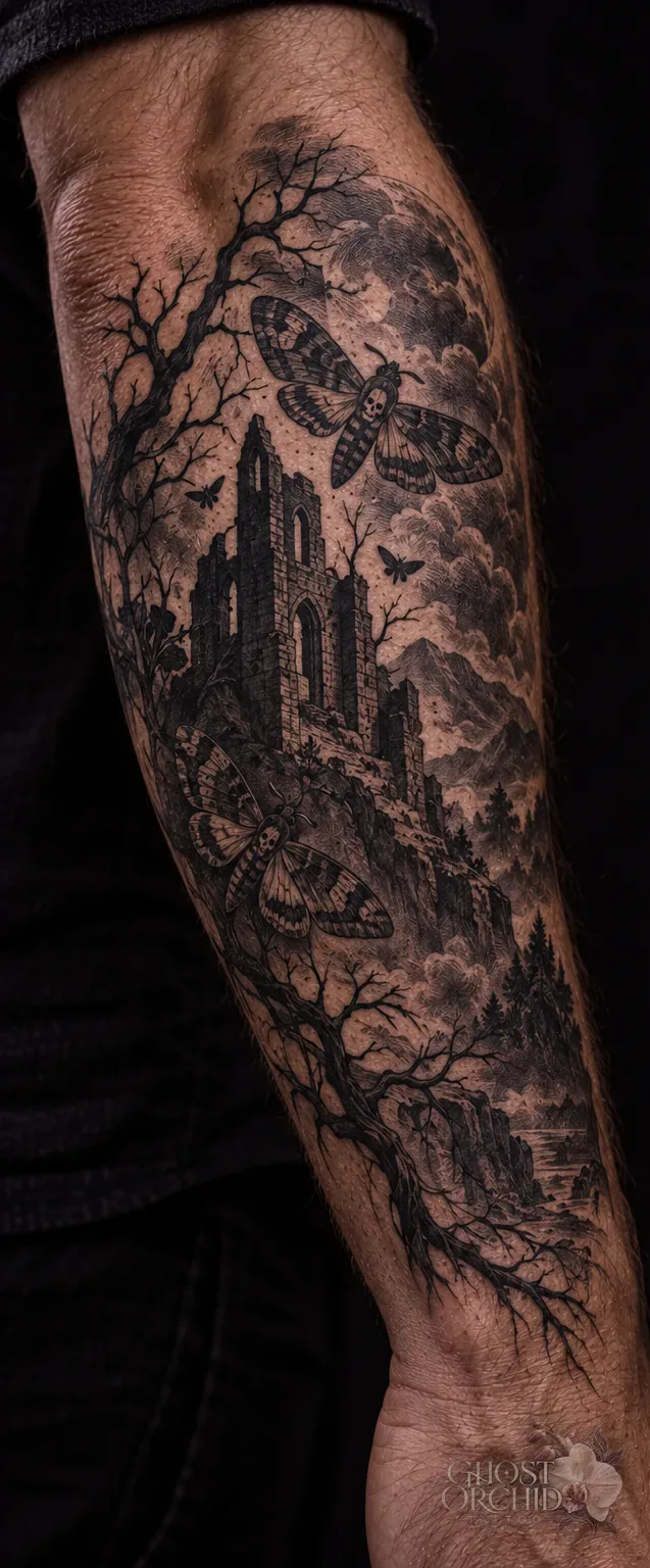 Dark illustrative forearm sleeve: a ruined abbey on a wooded hillside with bare winter trees, drifting moths and bats against a clouded sky