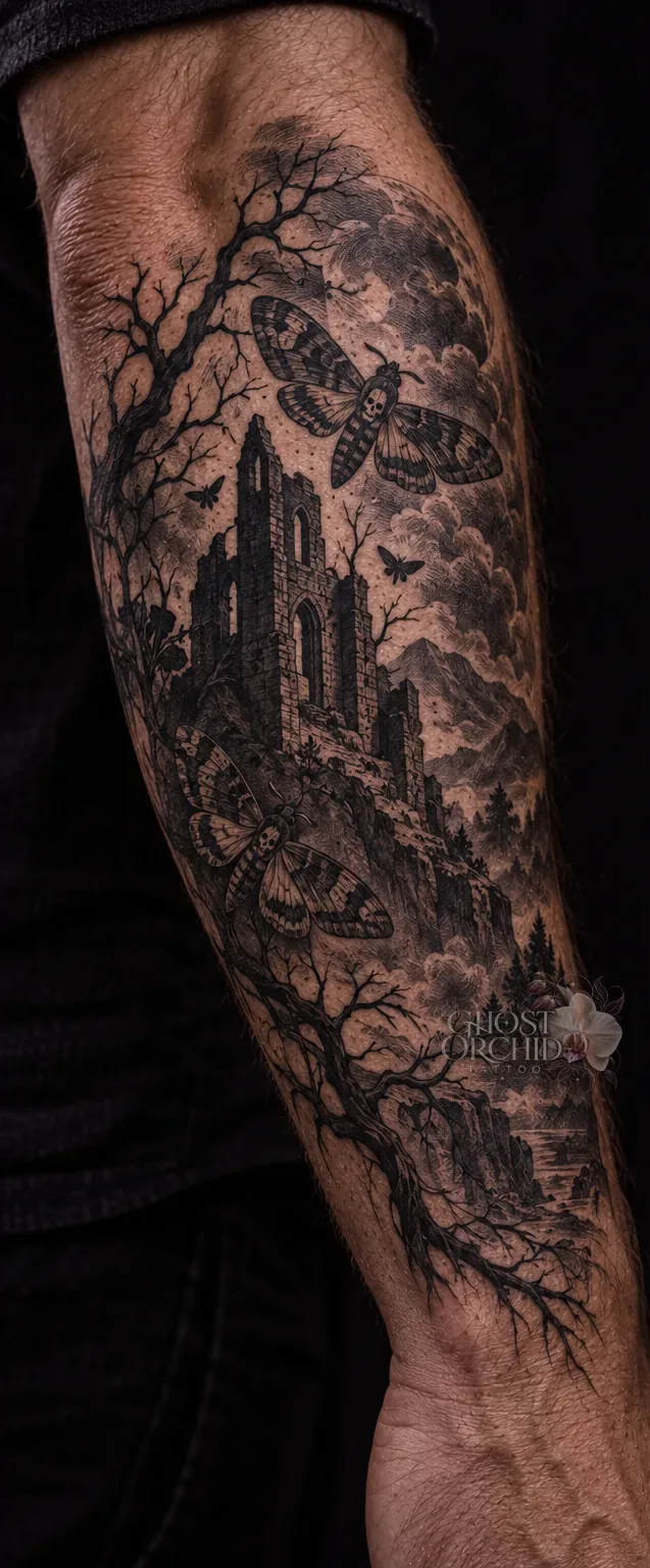 Dark illustrative forearm sleeve: a ruined abbey on a wooded hillside with bare winter trees, drifting moths and bats against a clouded sky