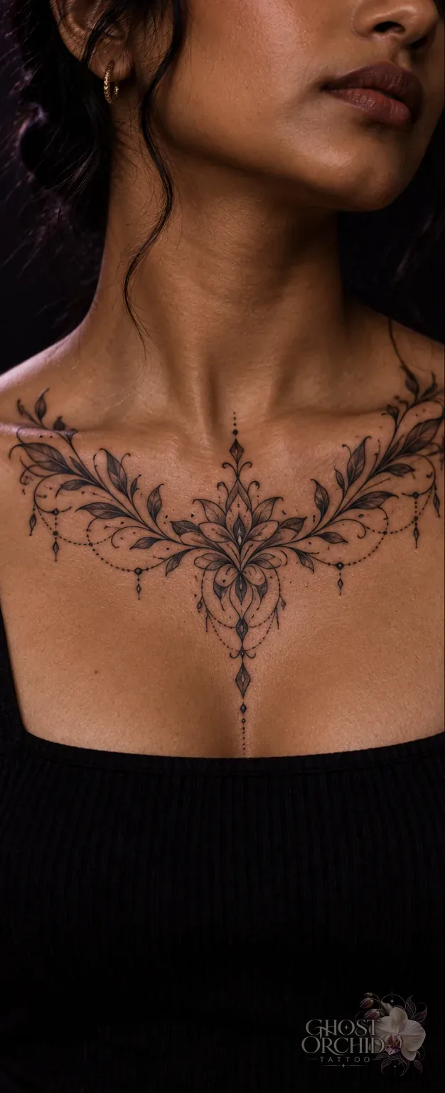 Ornamental chest tattoo, symmetrical filigree and leaf scrolls spanning both collarbones with fine dotwork and hanging jewel motifs