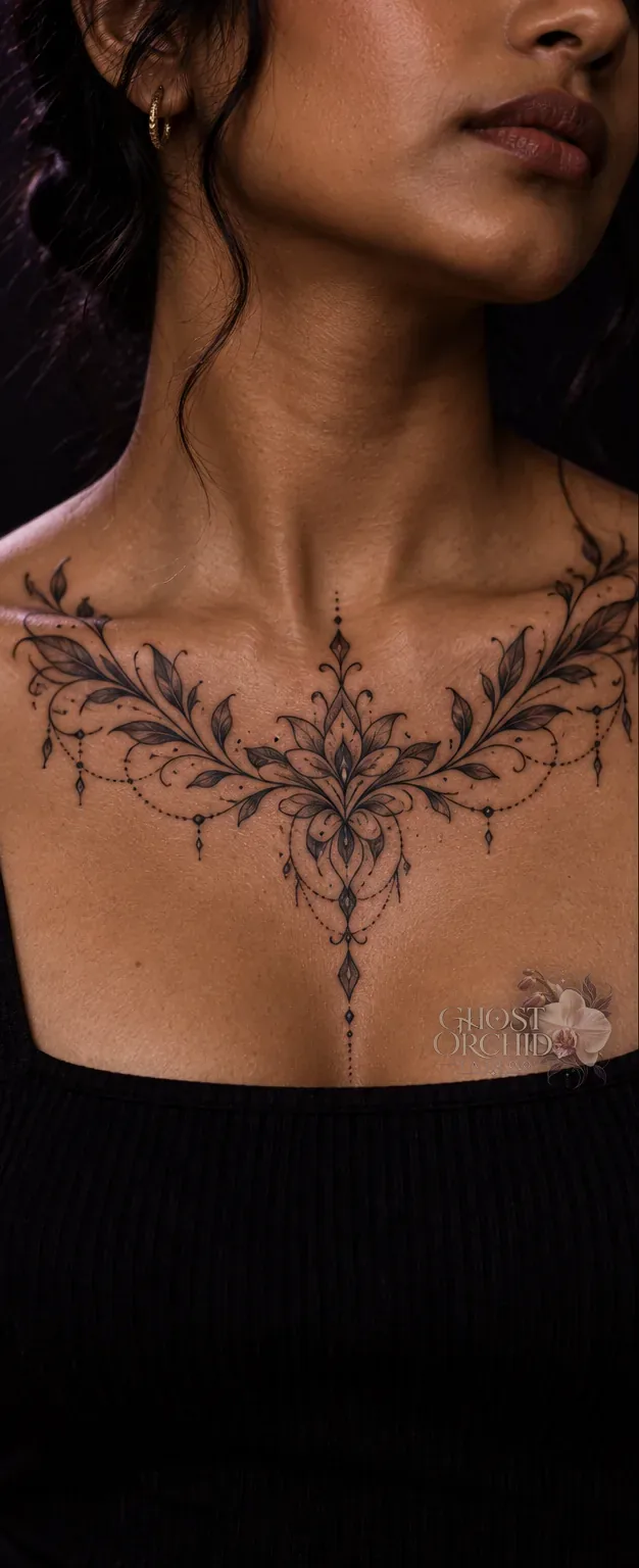 Ornamental chest tattoo, symmetrical filigree and leaf scrolls spanning both collarbones with fine dotwork and hanging jewel motifs