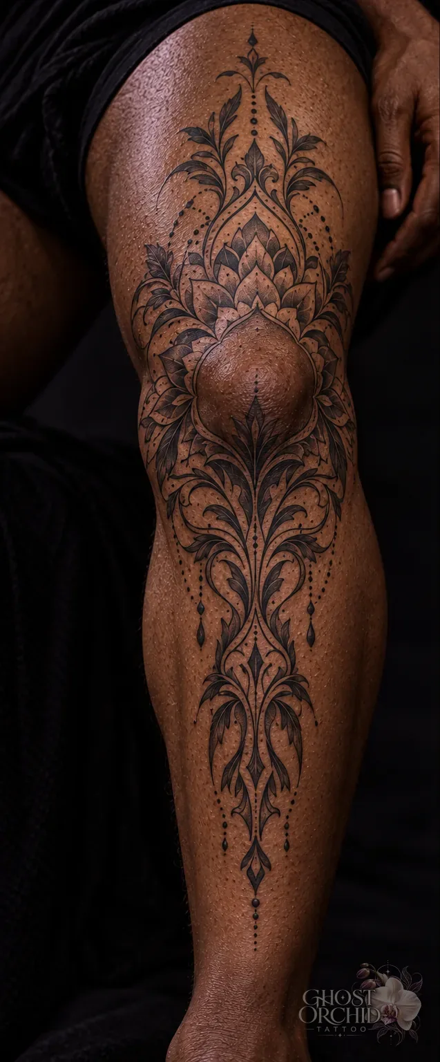 Ornamental leg piece: symmetrical damask and lotus motifs running from the calf over the knee onto the thigh, in fine black linework and dotwork