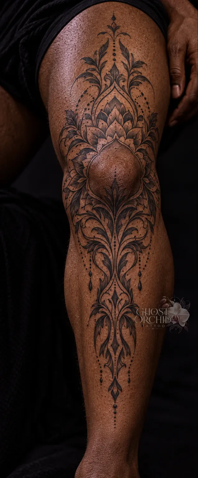 Ornamental leg piece: symmetrical damask and lotus motifs running from the calf over the knee onto the thigh, in fine black linework and dotwork