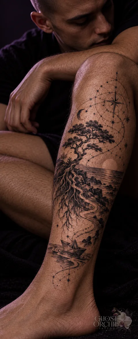 Custom storytelling thigh piece: a windswept tree above a rocky shoreline and low sun, with a compass rose, crescent moon and constellation dotwork rising up the leg