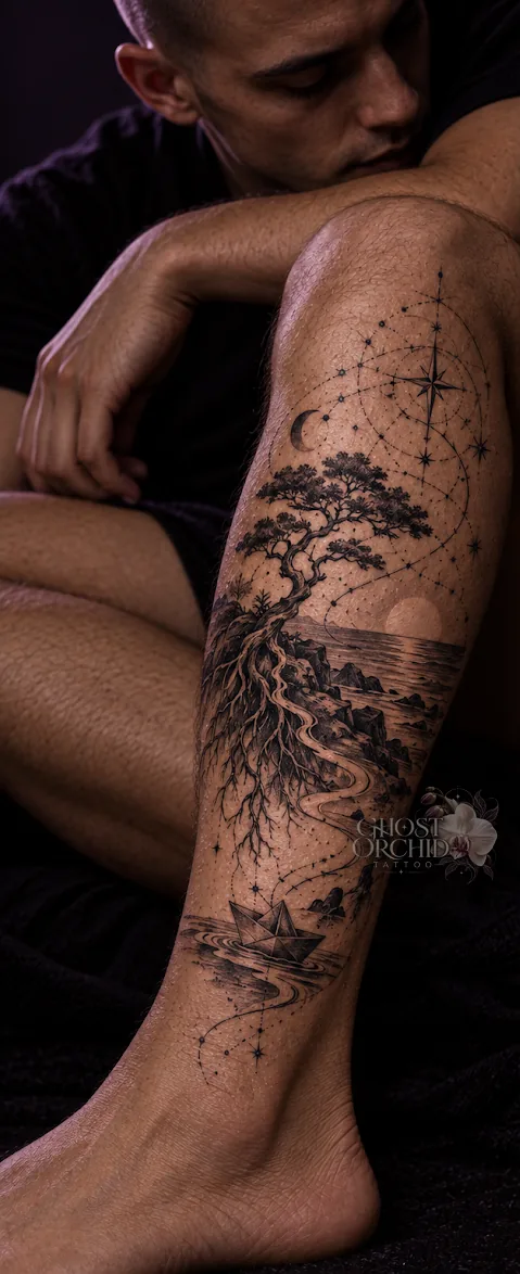Custom storytelling thigh piece: a windswept tree above a rocky shoreline and low sun, with a compass rose, crescent moon and constellation dotwork rising up the leg