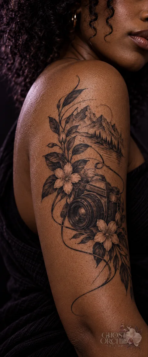 Custom storytelling shoulder piece: a vintage film camera among blossom and leaves, with a mountain range and pine forest rising behind