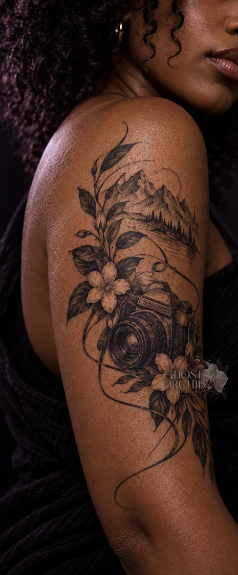 Custom storytelling shoulder piece: a vintage film camera among blossom and leaves, with a mountain range and pine forest rising behind