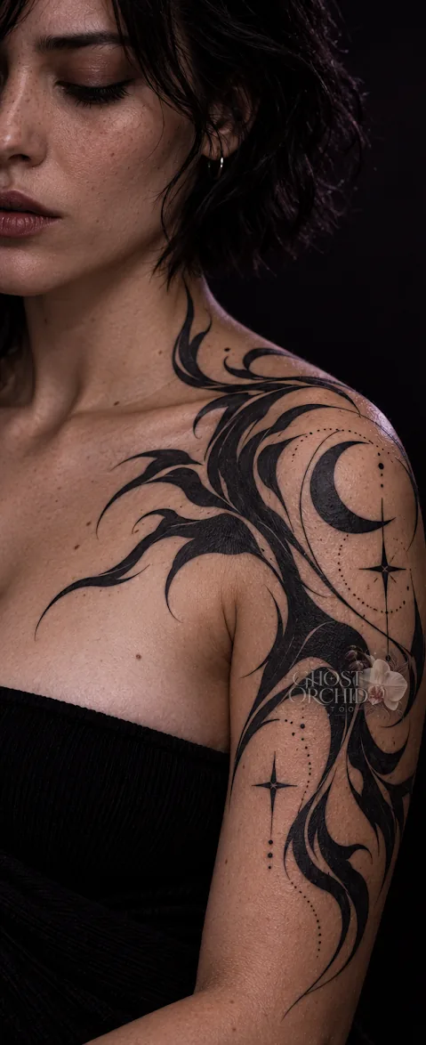 Blackwork shoulder piece: bold sweeping black forms curving from the chest over the shoulder, with a crescent moon and four-point star held in negative space