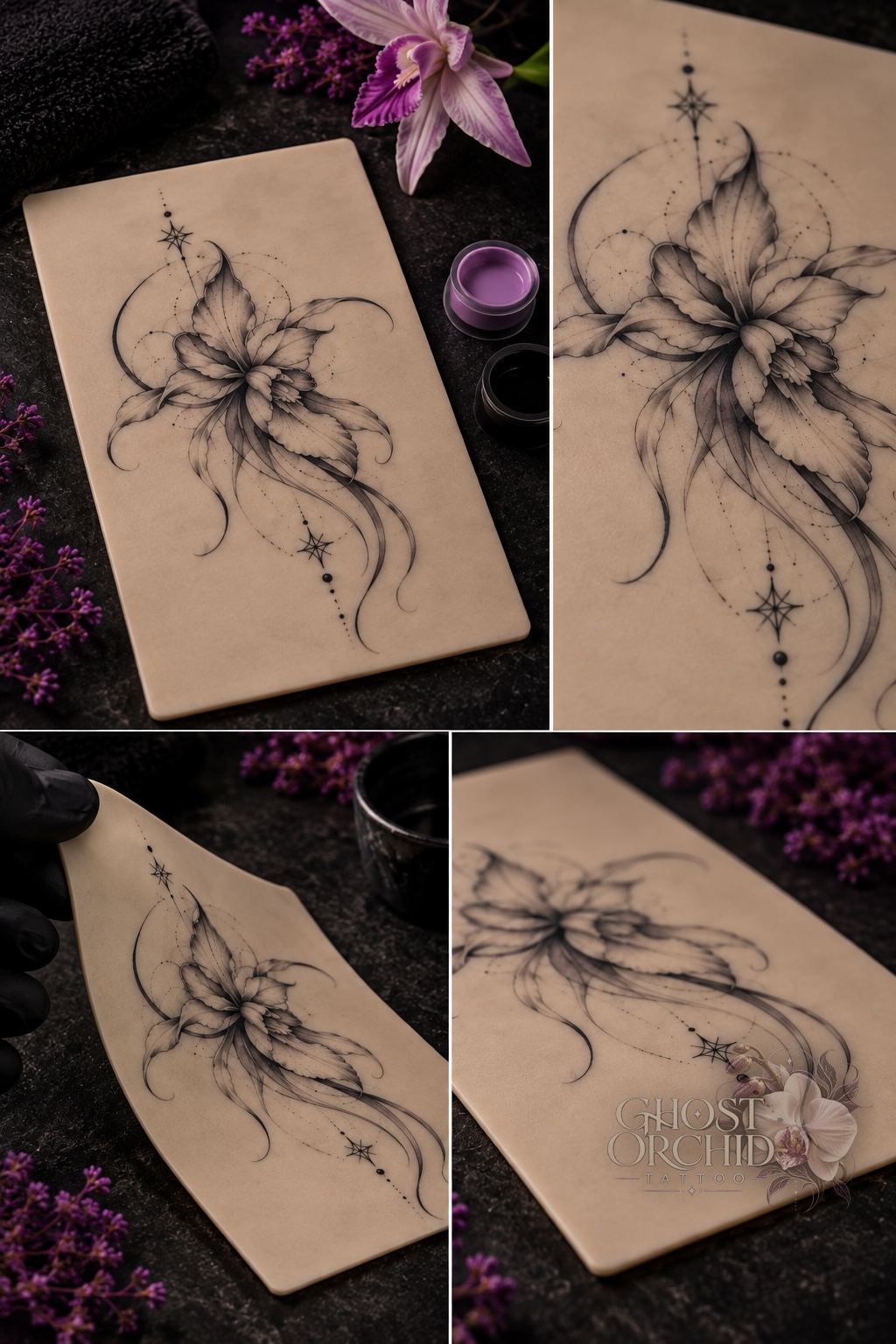 Four studies of the Ghost Orchid flash design rendered on practice skin, showing the orchid with trailing ribbons and star accents