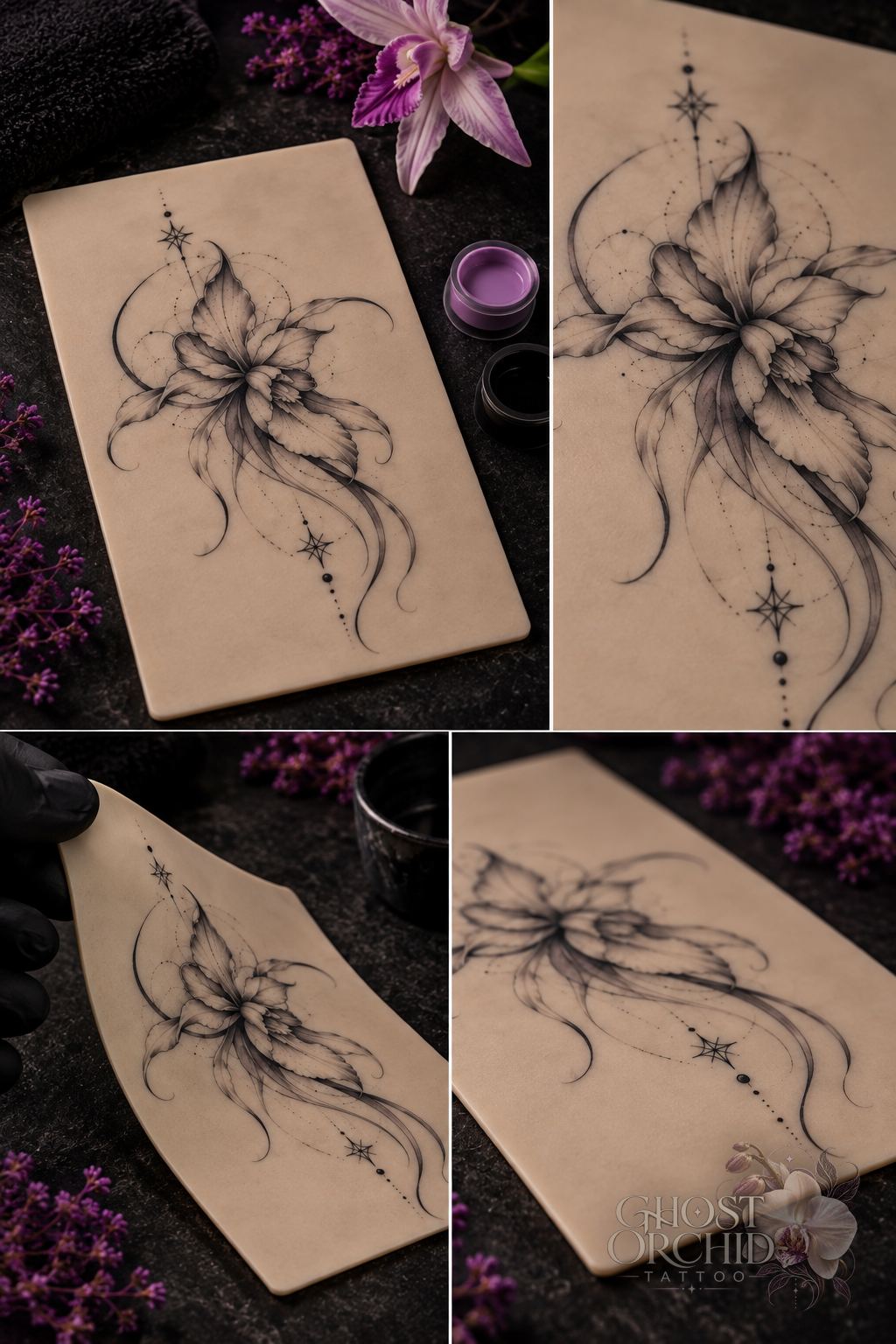Four studies of the Ghost Orchid flash design rendered on practice skin, showing the orchid with trailing ribbons and star accents