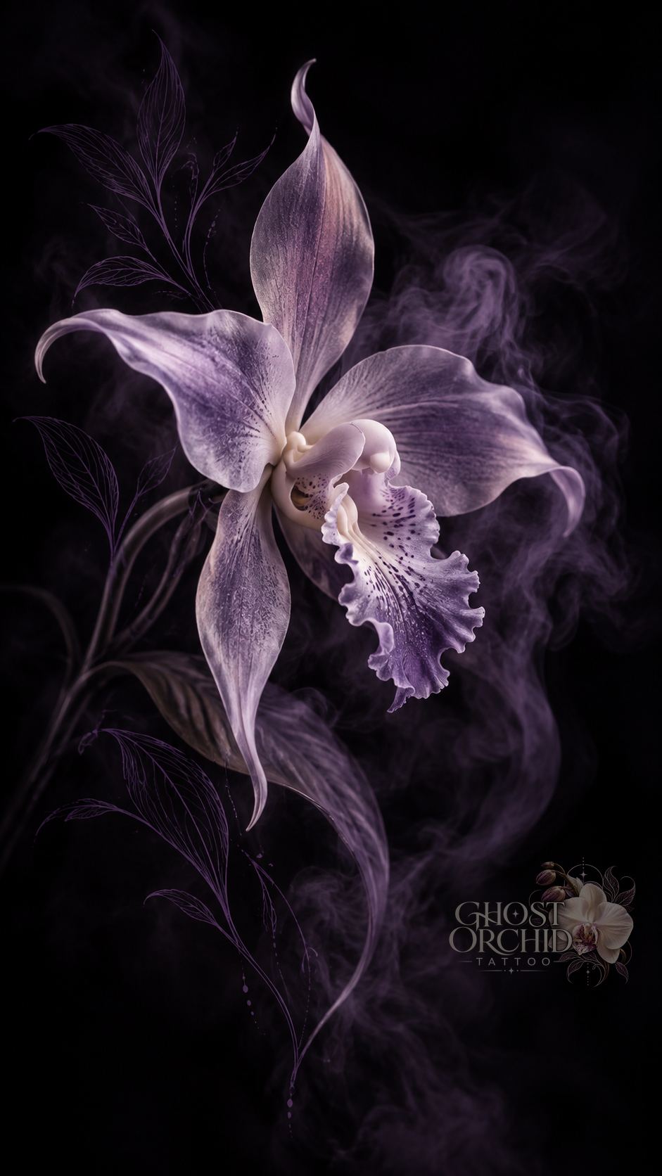 Ghost Orchid artwork: a pale purple orchid with fine-line leaves emerging from dark smoke on black