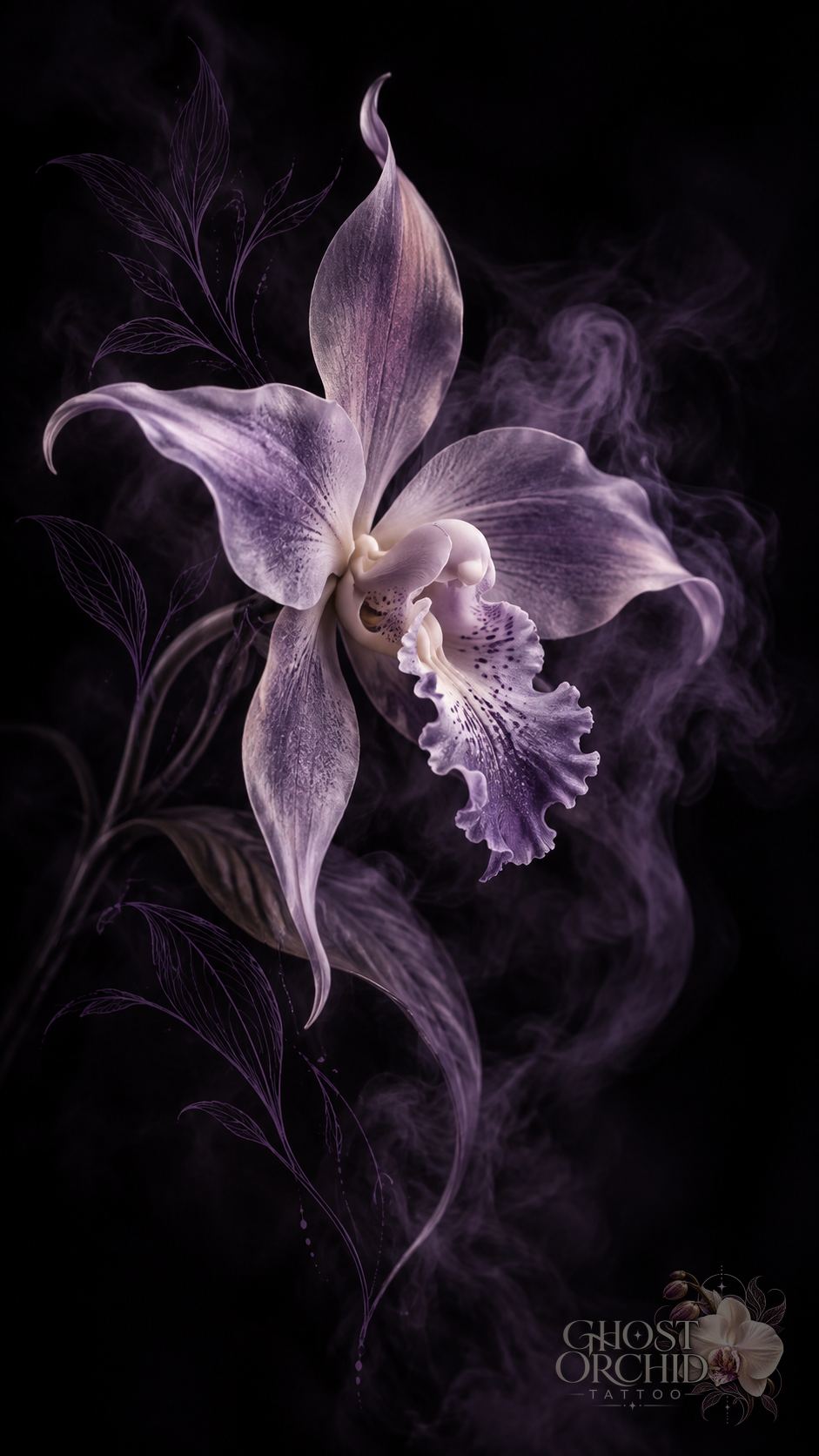 Ghost Orchid artwork: a pale purple orchid with fine-line leaves emerging from dark smoke on black