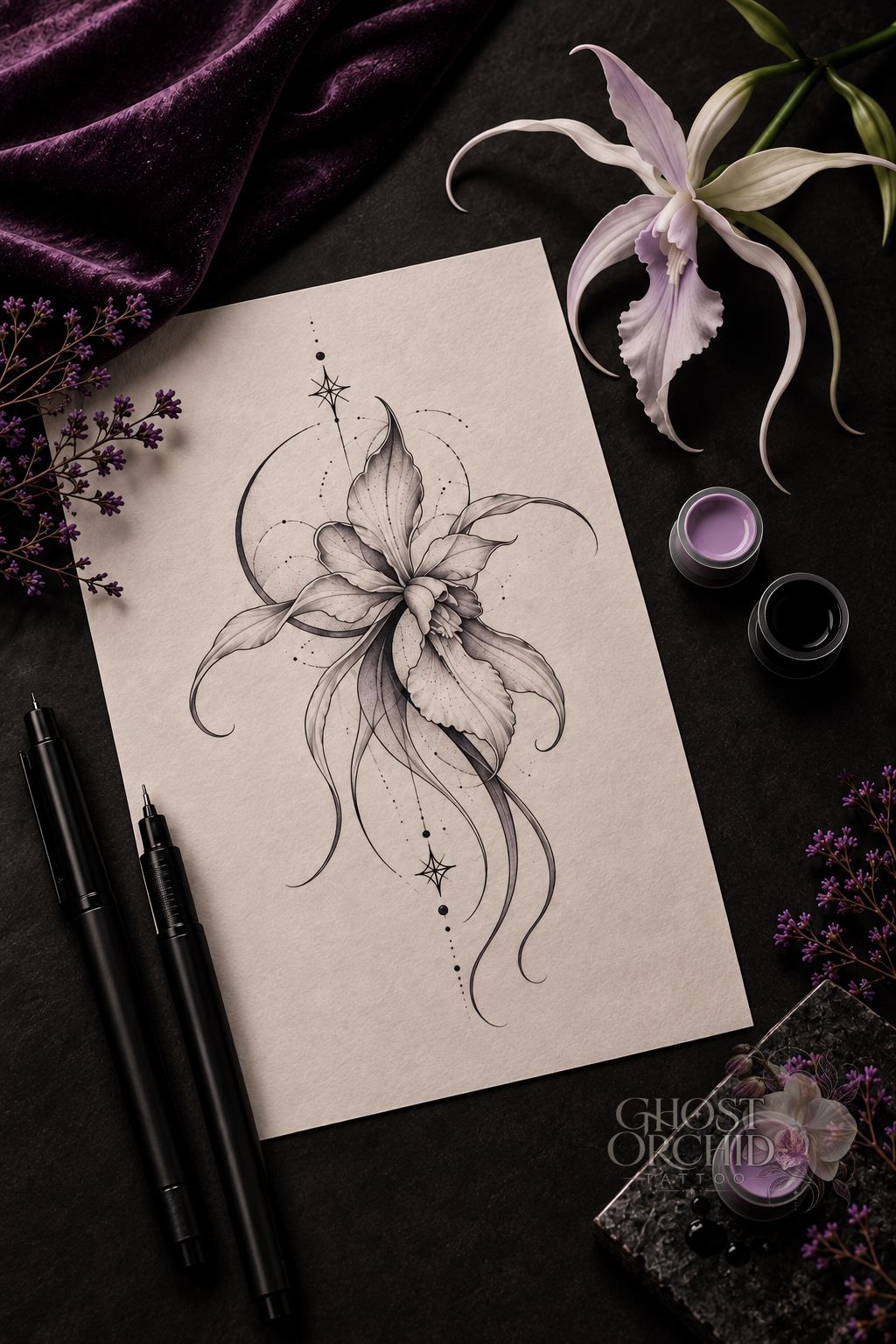 Ghost Orchid flash drawing of an orchid with trailing ribbons and star accents, inked on paper beside fineliners, ink caps and a white orchid
