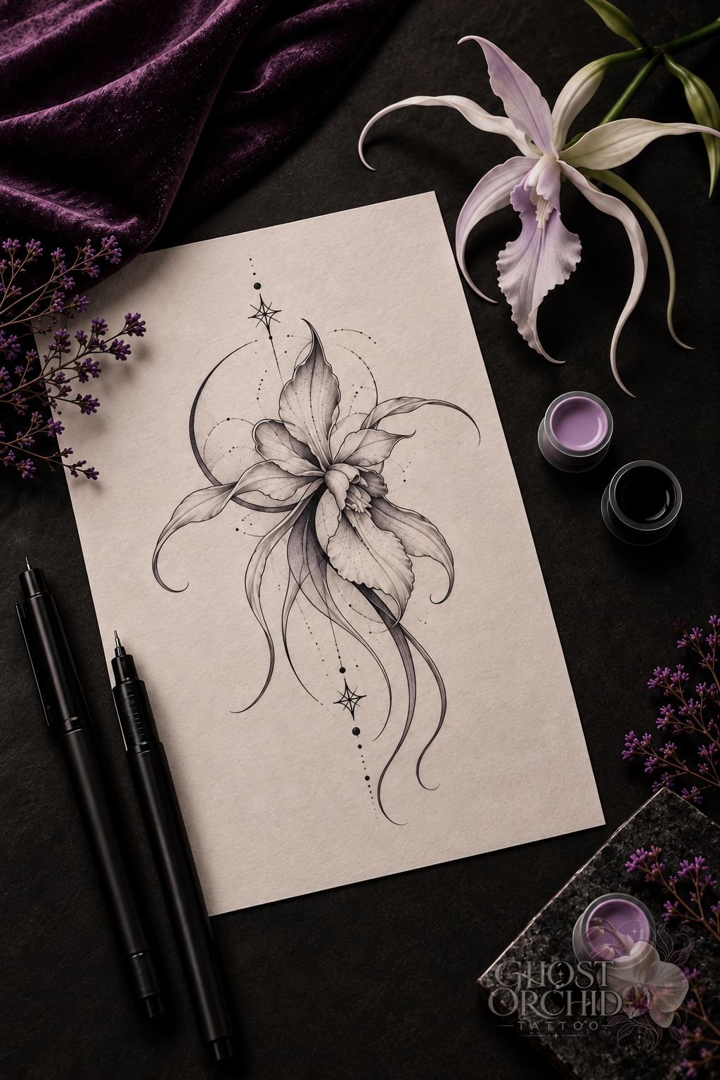 Ghost Orchid flash drawing of an orchid with trailing ribbons and star accents, inked on paper beside fineliners, ink caps and a white orchid