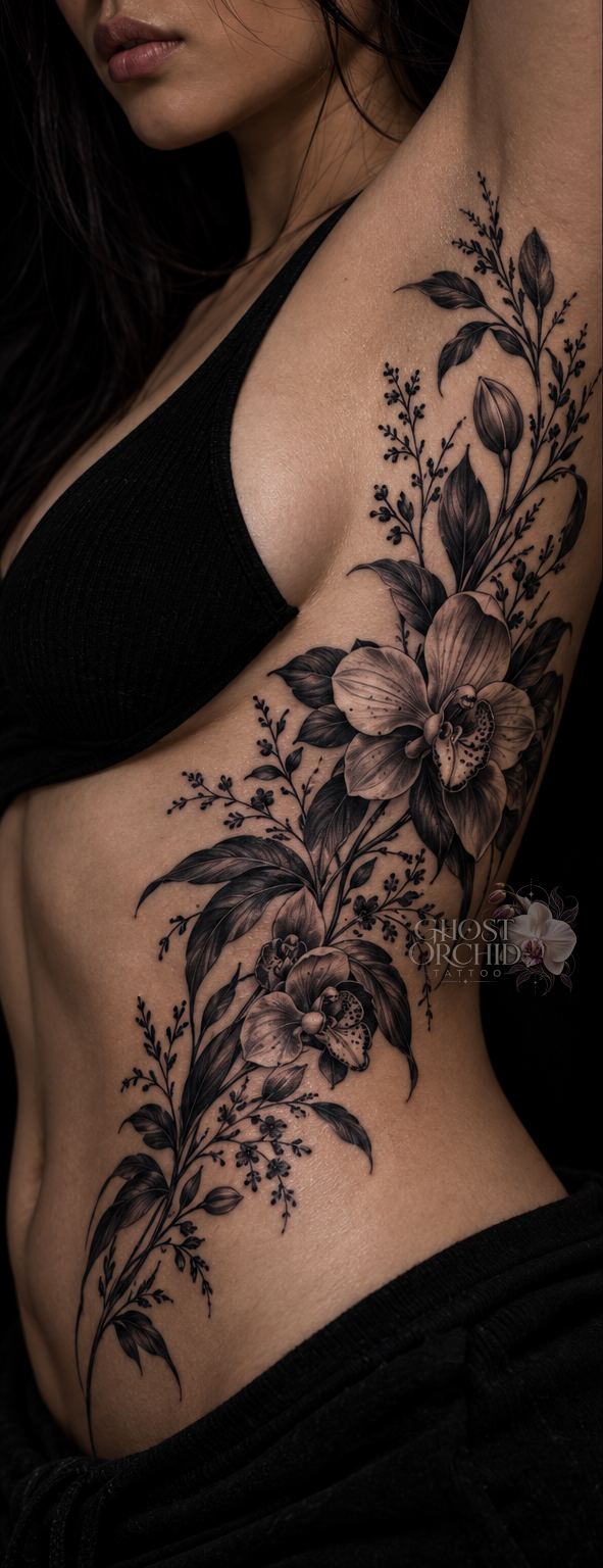 Botanical tattoo running down the ribs, orchids and leafy branches in fine black shading, flowing from underarm to hip