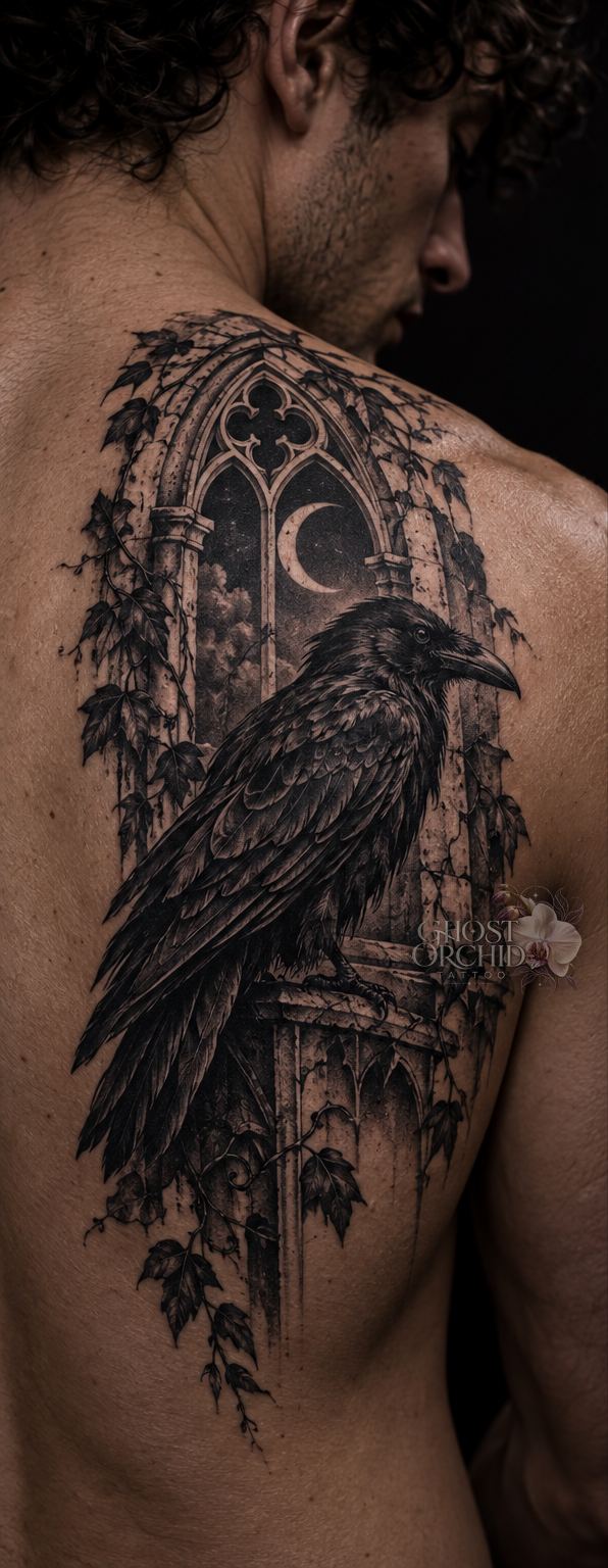 Dark illustrative back piece: a raven perched in a gothic arched window beneath a crescent moon, framed by trailing ivy