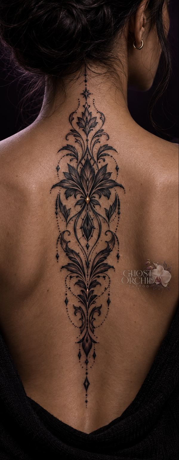 Ornamental spine tattoo, symmetrical filigree and lotus motifs running from the nape to mid-back with fine dotwork and a small amber gem