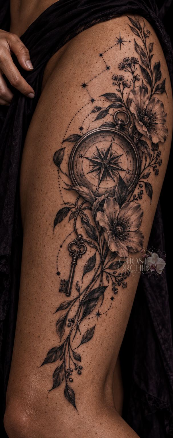 Custom storytelling thigh piece: an antique compass and ornate key wound through wildflowers and trailing leaves, with constellation dotwork